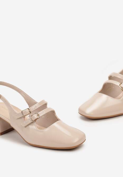 Beżowe Czółenka Zapinane na Sprzączki na Kwadratowym Słupku Mirena