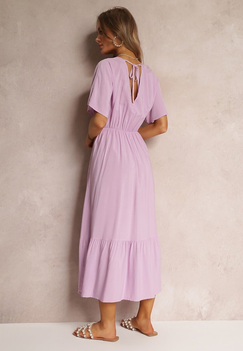 Fioletowa Wiskozowa Sukienka z Troczkiem z Frędzlami i Gumką w Pasie Tresis