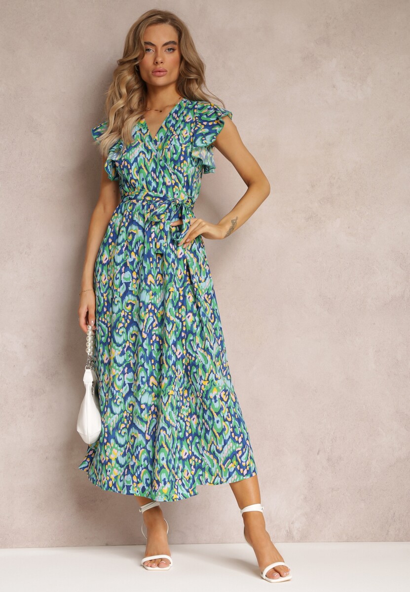 Granatowo-Zielona Rozkloszowana Sukienka Maxi z Metaliczną Nitką i Szerokim Paskiem Xisa