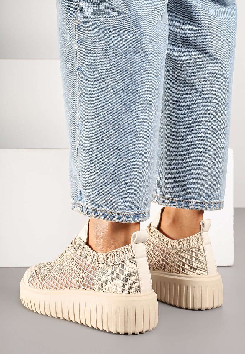 Beżowe Sneakersy Vices na Platformie z Ażurową Cholewką Lumerise