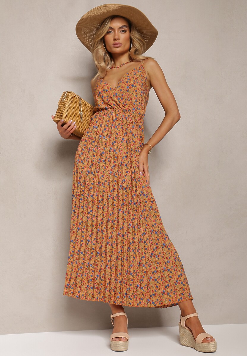 Żółta Sukienka na Ramiączkach z Kopertowym Dekoltem z Plisowaniem i Letnim Wzorem Rysenna