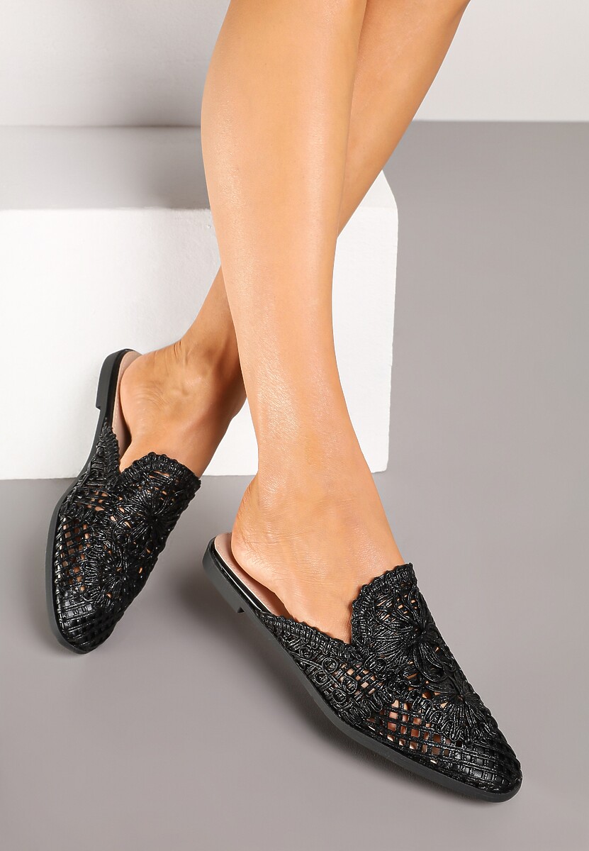 Czarne Klapki Mule Ozdobione Koronką Setilwena