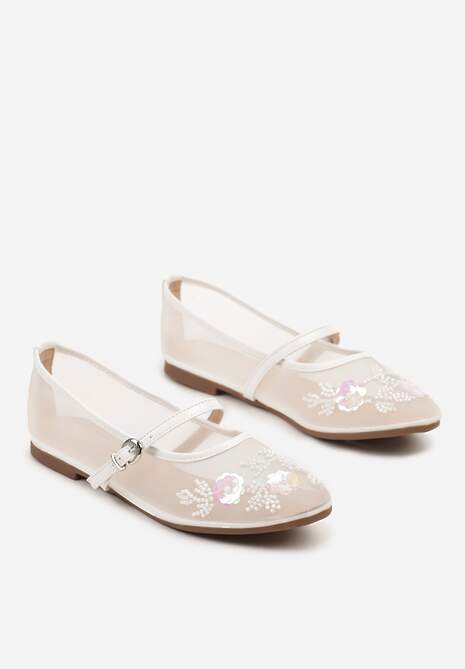 Białe Balerinki Transparentne w Stylu Mary Jane z Kwiatowymi Zdobieniami Nelritia