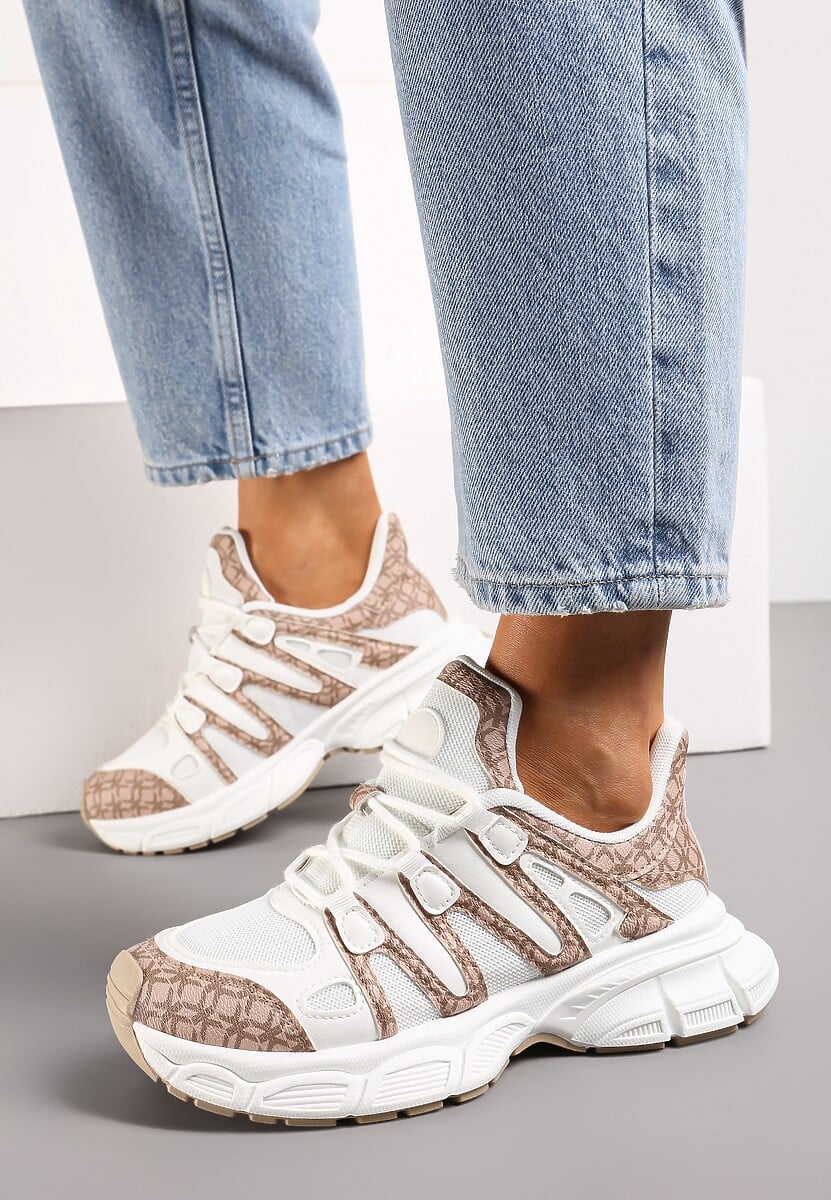 Ciemnobeżowe Sneakersy Ozdobione Tłoczeniem i Wstawkami Keladavia