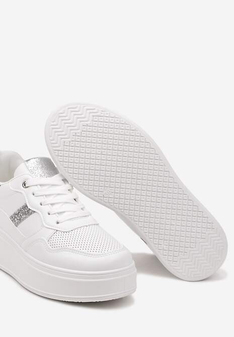 Biało-Srebrne Sneakersy z Ekoskóry za Kostkę ze Sznurowaniami Zdobione Perforacją Raviana