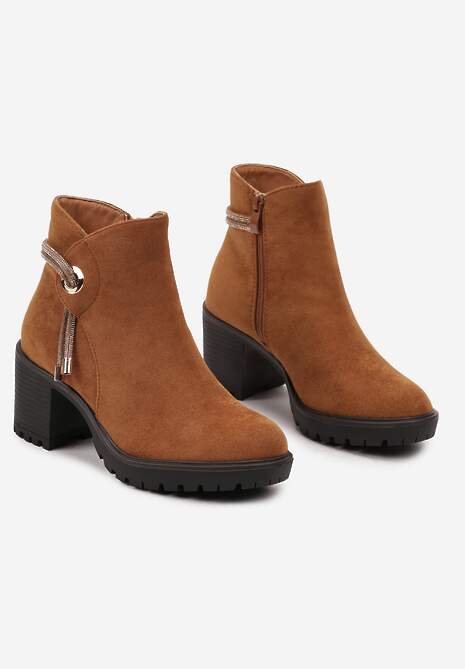 Brązowe Botki na Obcasie z Ozdobnym Cyrkoniowym Sznureczkiem Leresta