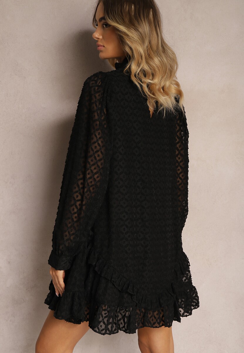 Czarna Ażurowa Sukienka Mini o Rozkloszowanym Fasonie z Falbankami Beline