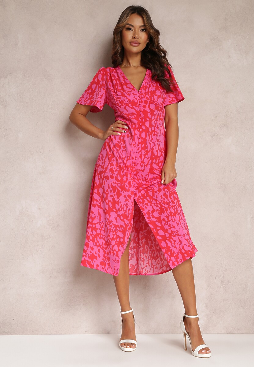 Czerwono-Różowa Taliowana Sukienka Midi z Krótkim Rękawem i Gumkami w Talii Zerala