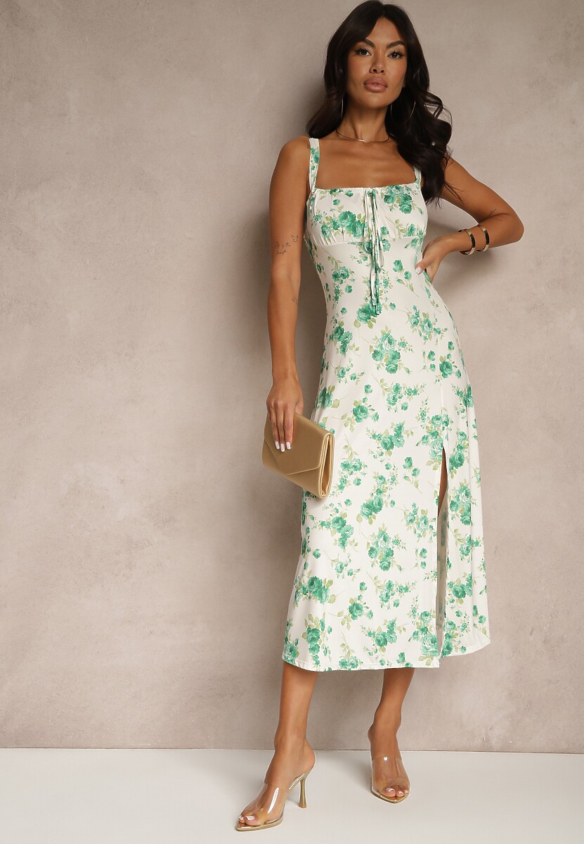 Biało-Zielona Sukienka w Kwiatowy Wzór z Kwadratowym Dekoltem Firaseve