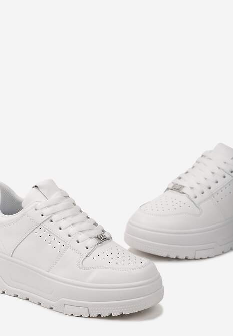 Białe Sneakersy z Ekoskóry na Grubej Podeszwie z Ozdobnymi Wstawkami Sarnei