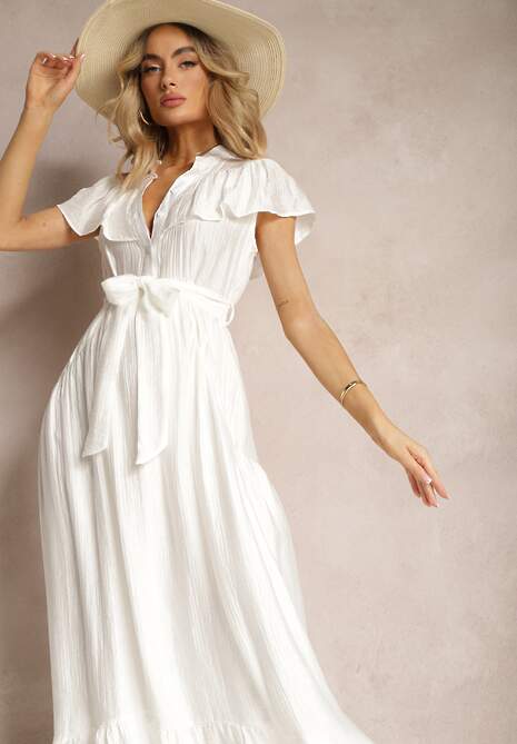 Biała Sukienka z Materiałowym Paskiem i Wiskozą Wykończona Guzikami i Falbanką Hanesi