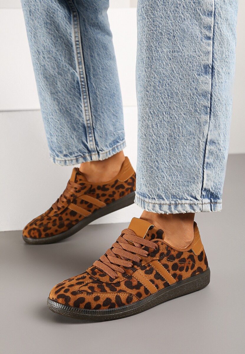 Brązowe Casualowe Sneakersy z Ekozamszu w Panterkę na Płaskiej Podeszwie Pemeriana