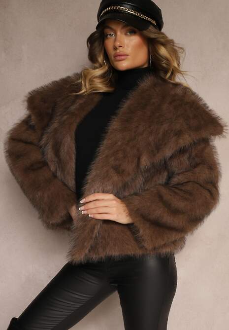 Brązowa Elegancka Kurtka Futerko z Kołnierzem Vertirida