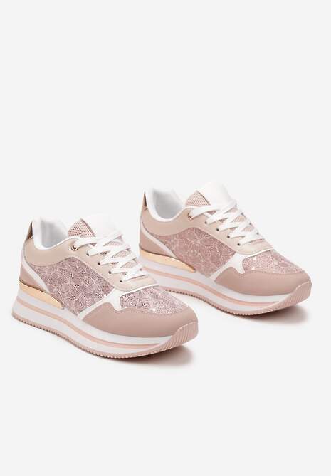 Różowe Sneakersy na Grubej Podeszwie z Brokatem i Metaliczną Wstawką Velari