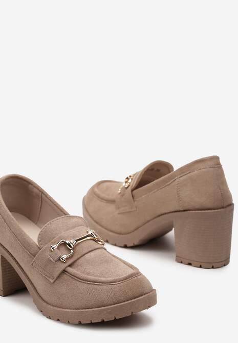 Ciemnobeżowe Półbuty Mokasyny na Słupku z Platformą Ozdobione Klamrą Acridna