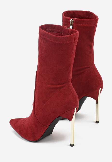 Bordowe Botki na Szpilce Ozdobione Metaliczną Wstawką Amiltia