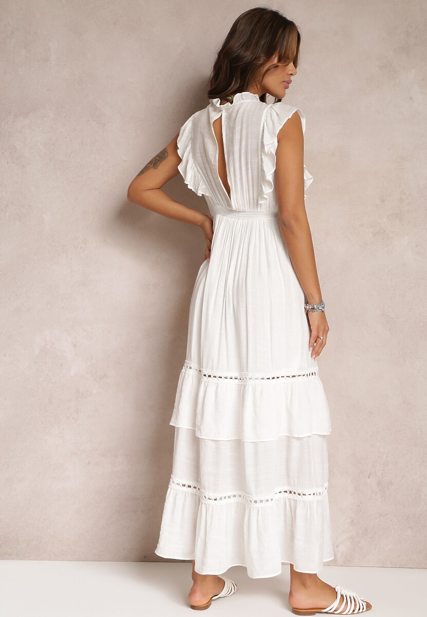 Biała Rozkloszowana Sukienka z Falbankami i Koronką Apoline