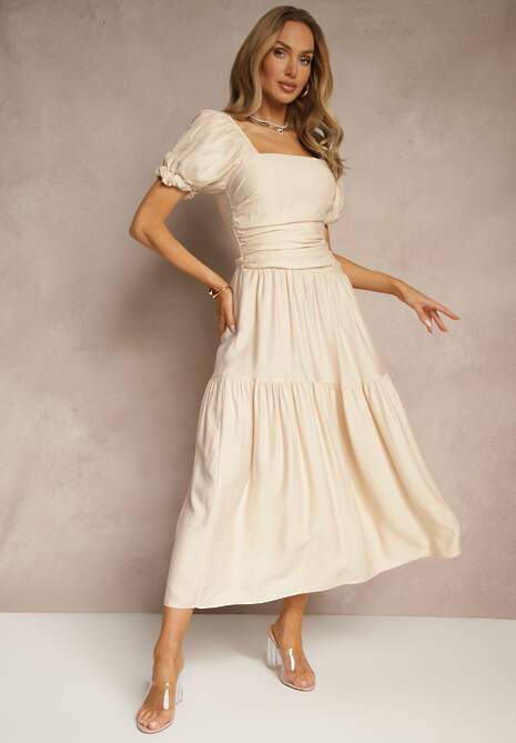 Beżowa Sukienka Wiskozowa Drapowana z Rozkloszowanym Dołem Naprine