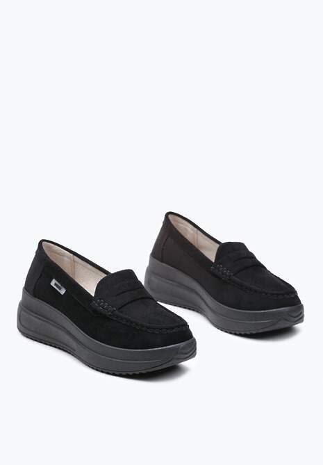 Czarne Mokasyny z Ekozamszu na Platformie Ozdobione Paseczkiem Adrancia