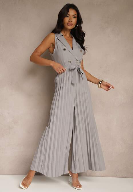 Szary Kombinezon Taliowany w Garniturowym Stylu z Paskiem i Guzikami Fillomia
