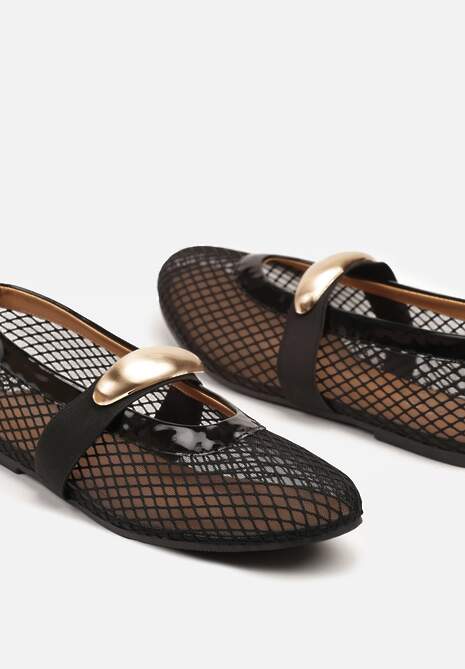 Czarne Siateczkowe Balerinki z Metaliczną Ozdobą i Paskiem Irelisa