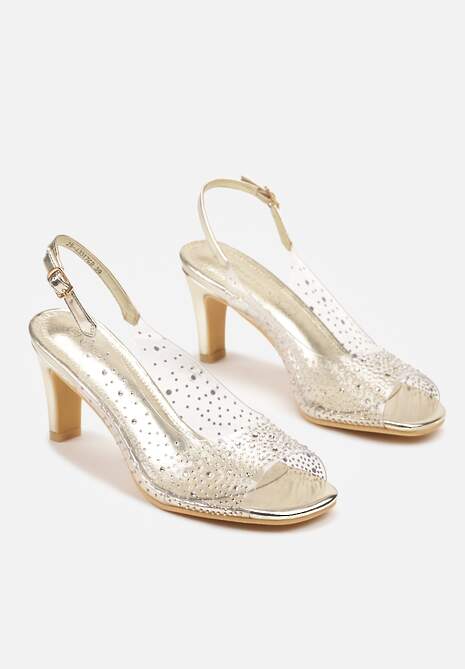 Złote Transparentne Sandały na Obcasie z Cyrkoniami i Wkładką ze Skóry Naturalnej Evelreia