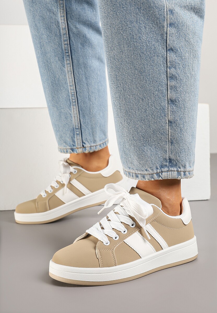 Ciemnobeżowe Płaskie Sneakersy z Paskiem Quinesi