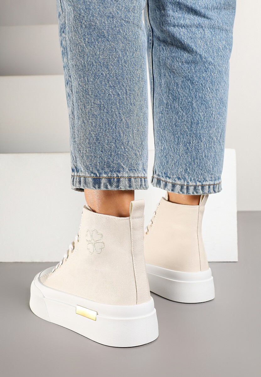 Beżowe Trampki na Platformie z Wysoką Cholewką Ozdobione Haftem Fonaril