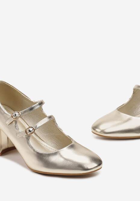 Złote Lakierowane Czółenka na Grubym Słupku z Paskami Ysolde