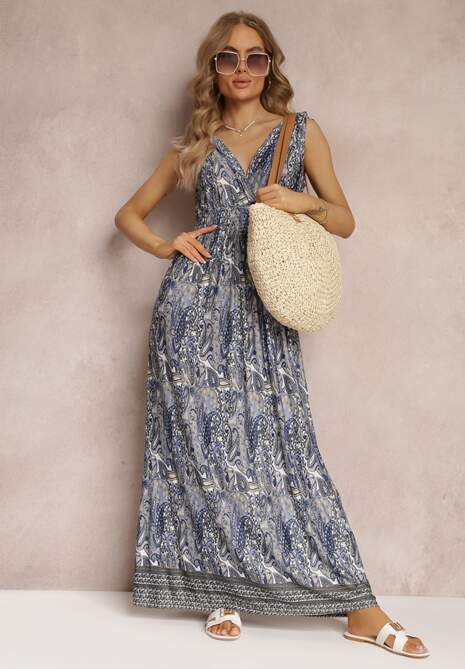 Niebiesko-Granatowa Wiskozowa Sukienka Maxi o Wzorze Paisley z Cienkimi Gumkami w Talii Trueth