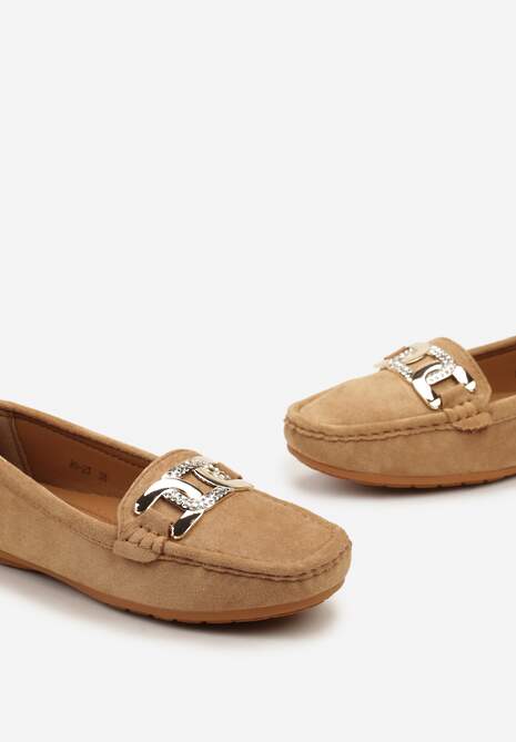 Brązowe Płaskie Mokasyny z Ekozamszu Ozdobione Klamrą z Cyrkoniami Tailer
