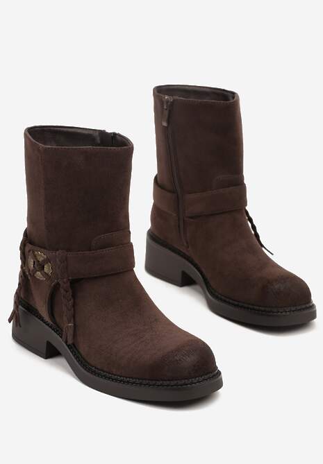 Brązowe Botki Bikery z Guzikiem i Sznurkami Alissarie