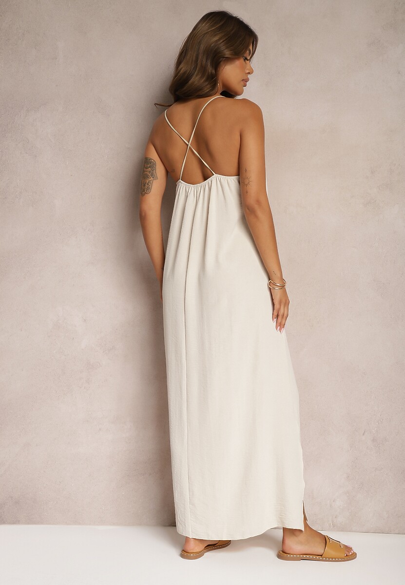 Beżowa Sukienka na Ramiączkach o Taliowanym Kroju Rivatta