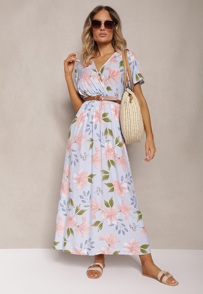 Jasnoniebieska Taliowana Sukienka w Kwiaty z Dodatkiem Bawełny z Kopertowym Dekoltem Navianes