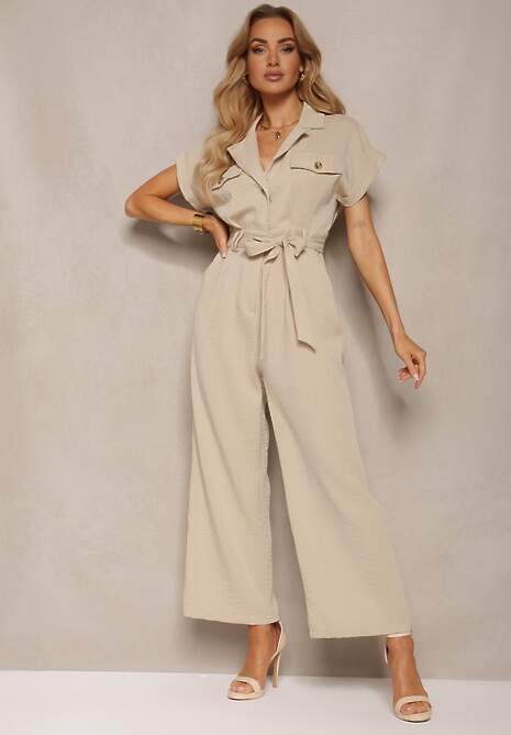 Beżowy Kombinezon z Długimi Nogawkami i Krótkim Rękawem z Guzikami i Paskiem Jolmeria
