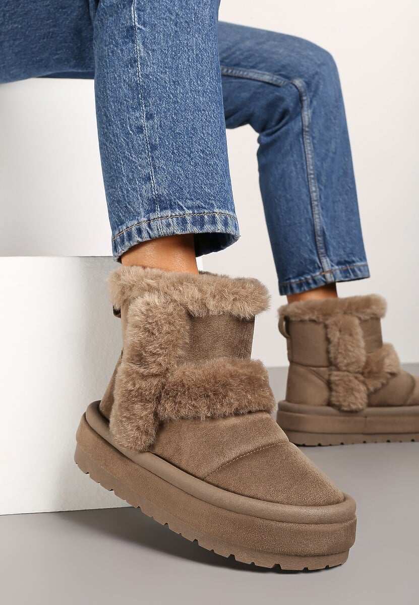 Ciemnobeżowe Ekozamszowe Śniegowce na Platformie z Futrzanymi Wstawkami Mazini