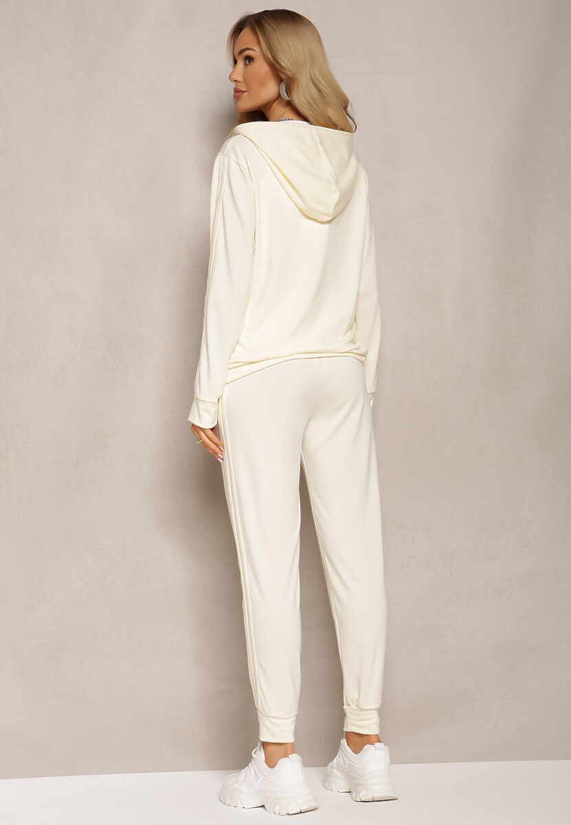 Jasnobeżowy Komplet Dresowy z Bluzą z Kapturem i Spodniami z Gumką w Pasie Typu Jogger Tellgana