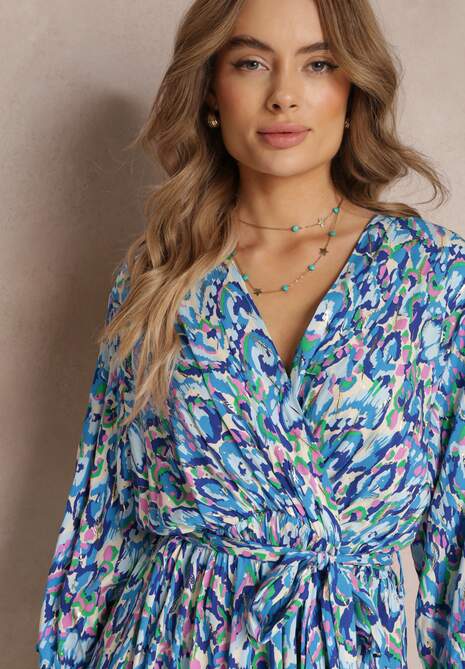 Niebieska Kopertowa Sukienka Midi z Wiązanym Paskiem i Metaliczną Nitką Armellia