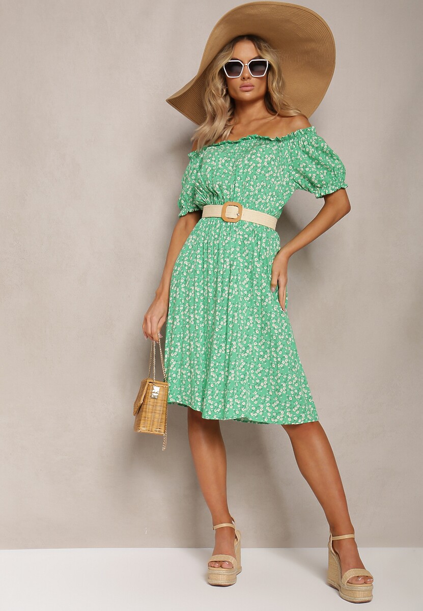 Zielona Wiskozowa Sukienka Midi w Kwiatowy Wzór z Hiszpańskim Dekoltem Agirala