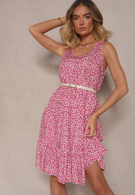 Ciemnoróżowa Sukienka z Bawełnianej Tkaniny w Nakrapiany Wzór Bez Rękawów Nativoria