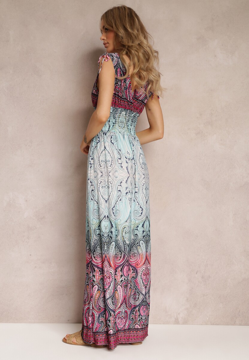 Niebiesko-Bordowa Kopertowa Sukienka Maxi z Gumkami w Talii i Ściągaczami na Ramionach Hannele