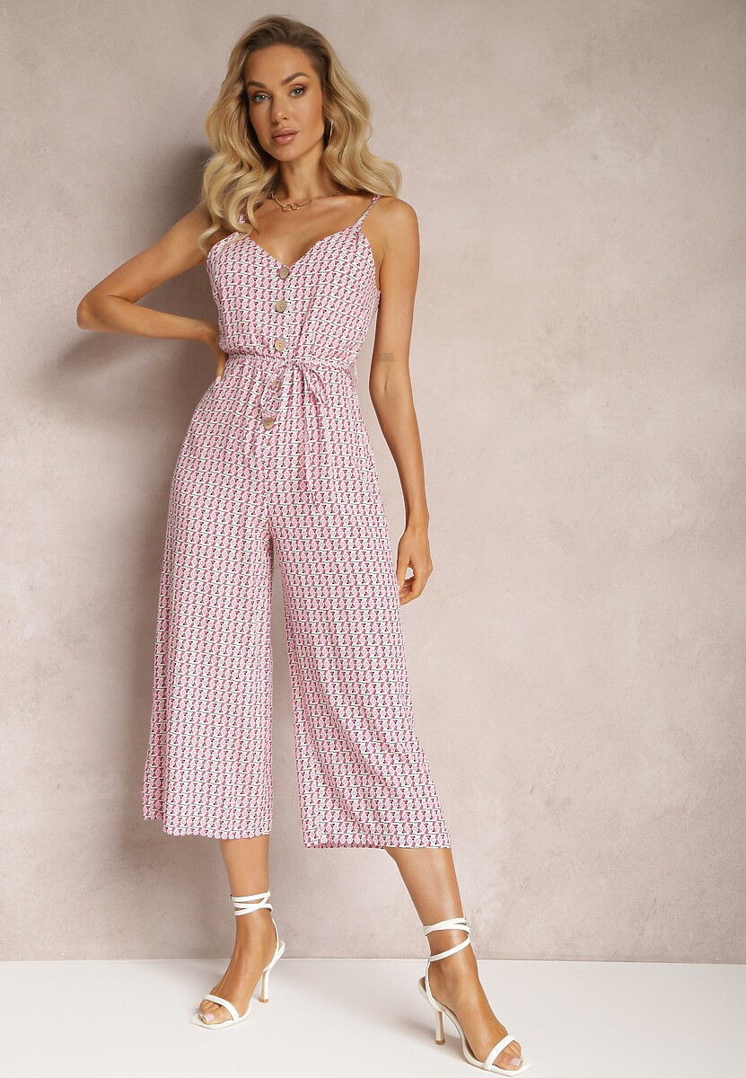 Jasnozielony Kombinezon o Długości 3/4 z Paskiem w Geometryczny Wzór Ventoria