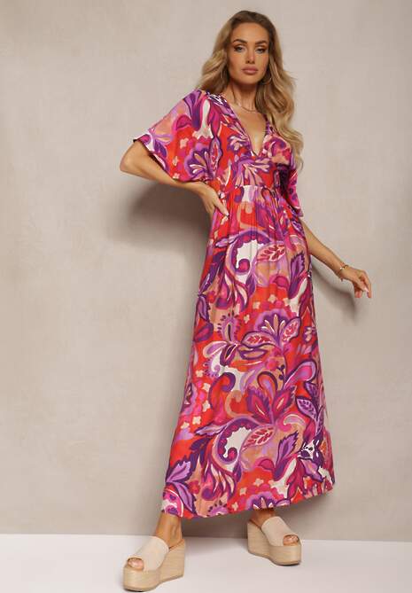 Różowa Kwiecista Sukienka z Krótkim Rękawem z Rozcięciami i Gumką w Talii Gasara