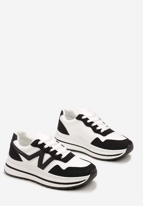 Czarne Sznurowane Sneakersy z Ekoskóry na Grubej Podeszwie Literna