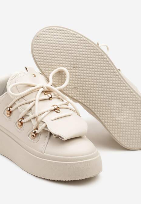 Beżowe Sneakersy na Platformie Ozdobione Wstawką i Rzemykami na Języku Barilsa