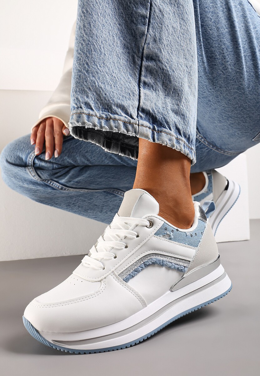 Biało-Niebieskie Sneakersy na Piankowej Podeszwie z Brokatowymi Wstawkami Pallasia