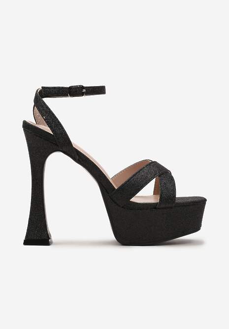 Czarne Brokatowe Sandały na Klepsydrowej Szpilce i Wysokiej Platformie Zarissa