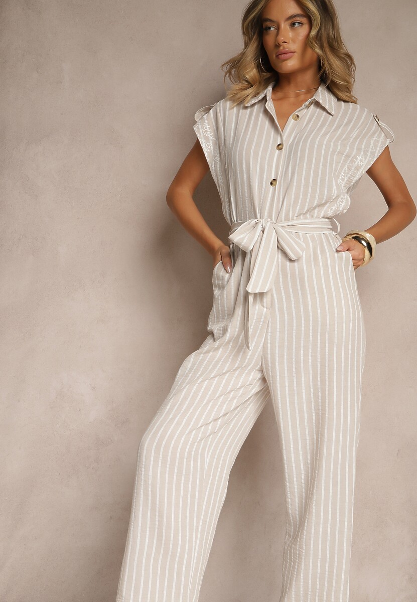 Beżowy Koszulowy Kombinezon z Bawełny z Wiązanym Paskiem Amevilia