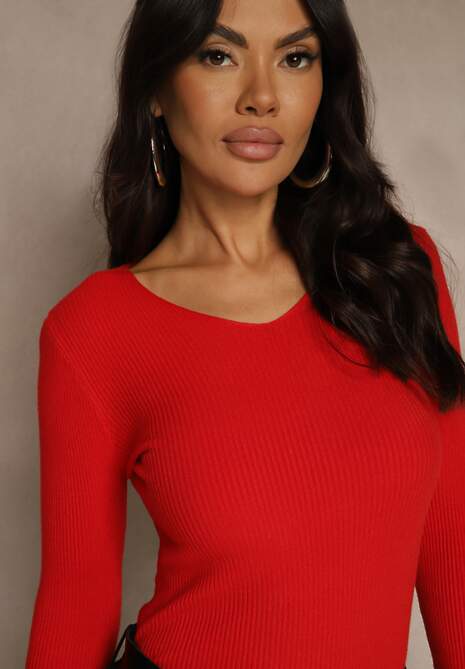 Czerwony Sweter z Bawełną z Prążkowanej Dzianiny Reisaria