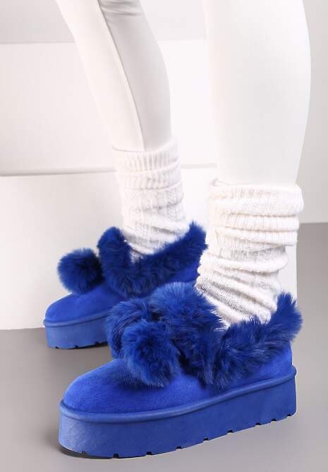 Niebieskie Śniegowce na Platformie z Pomponami i Ozdobnym Sztucznym Futerkiem Iriviane